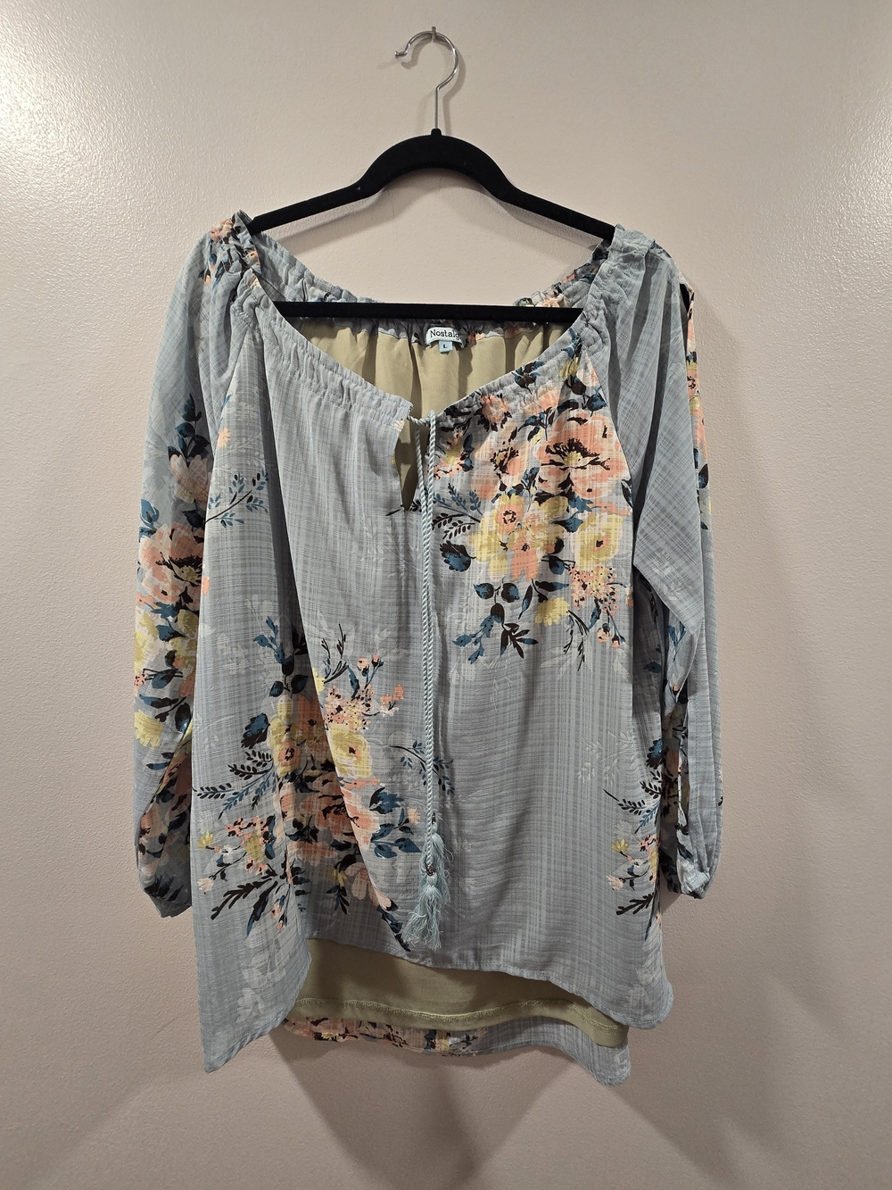 Nostalgia Light Blue Floral Peasant Tunic with Tie